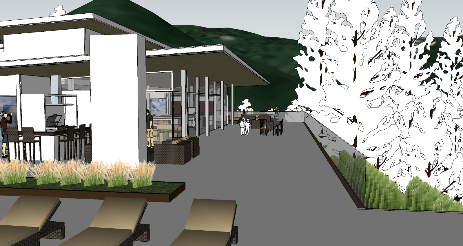 Mill Valley Modern Indoor outdoor lifestyle with full height sliding glass walls, outdoor see through fireplace, outdoor kitchen and lap pool for