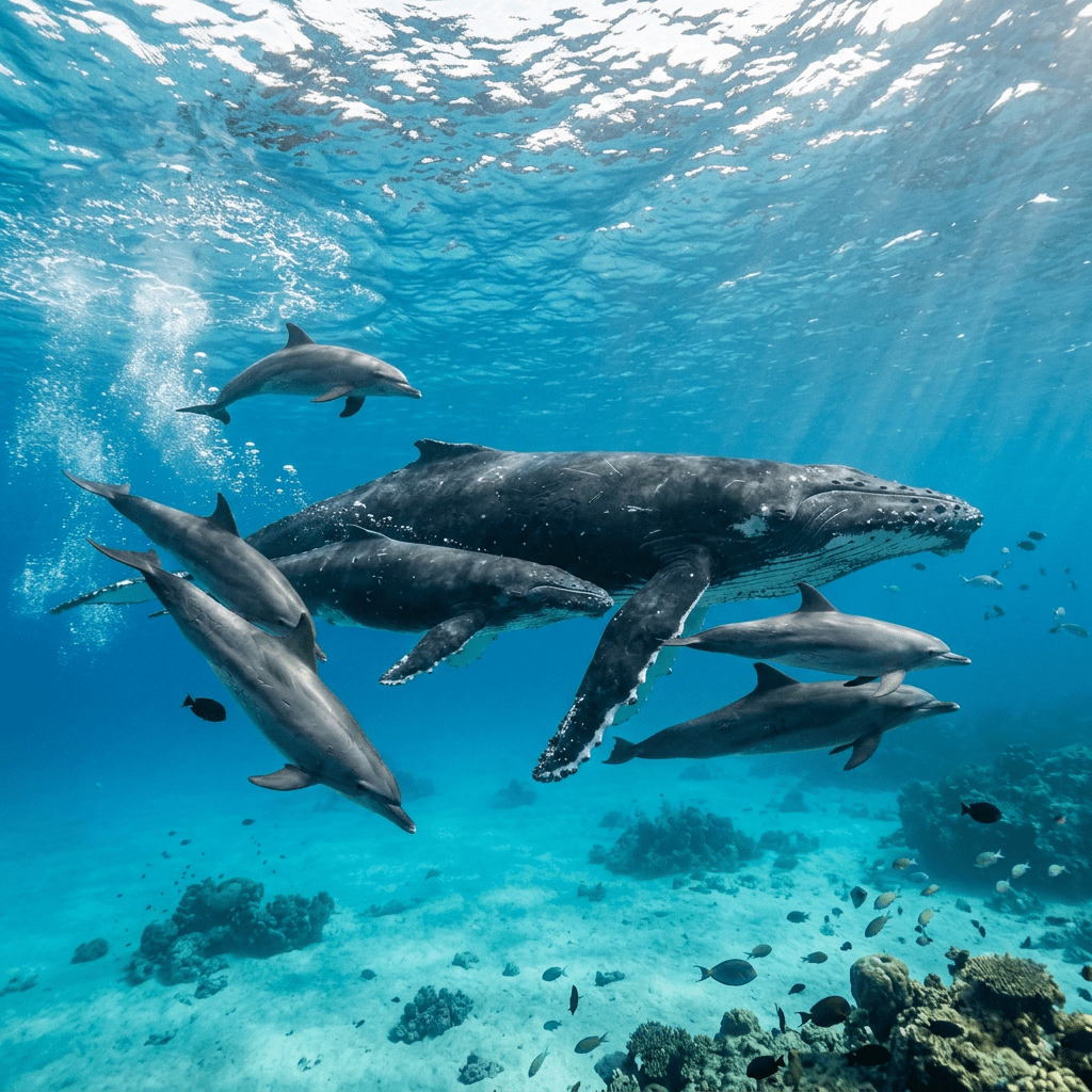 Humpback whale and dolphins swimming underwater near coral reef